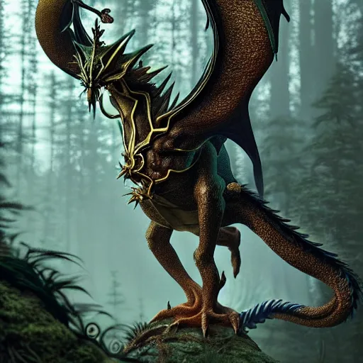 Image similar to ( ( ( ( ( dragon ) ) ) ) pokemon ) creature creature creature creature in a alaskan forest, : : by michal karcz, daniel merriam, victo ngai and guillermo del toro : : ornate, dynamic, particulate, intricate, elegant, highly detailed, centered, artstation, smooth, sharp focus, octane render, 3 d