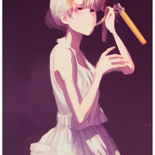 Prompt: woman in a dress smoking a cigarette by krenz cushart, wlop, dark room, white smoke, chromatic aberration, white smoke, trending on ArtStation Pixiv, anime girl