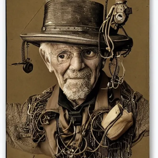 Prompt: Old wrinkled man being thoughtful in steampunk outfit, attached to wires. Dark, intricate, highly detailed, smooth, in style of Stanislav Vovchuk