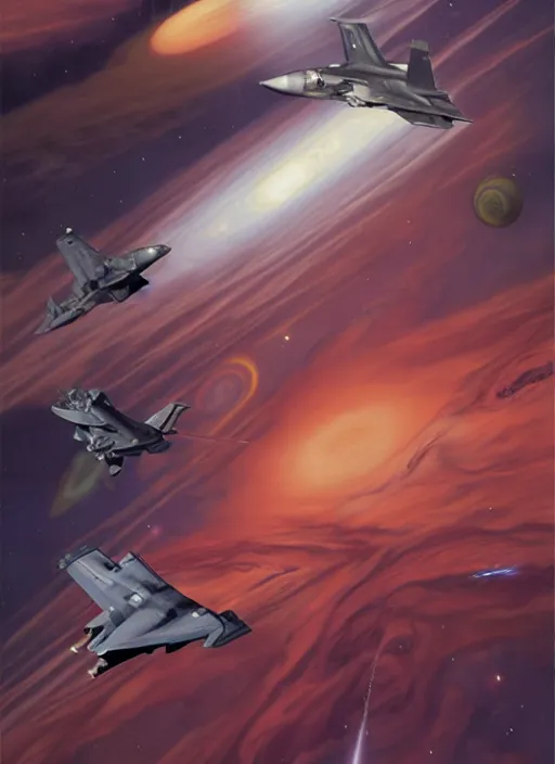 Image similar to poster artwork by michael whelan and tomer hanuka, a portrait, f 3 5 jets dogfighting in the clouds of jupiter, clean