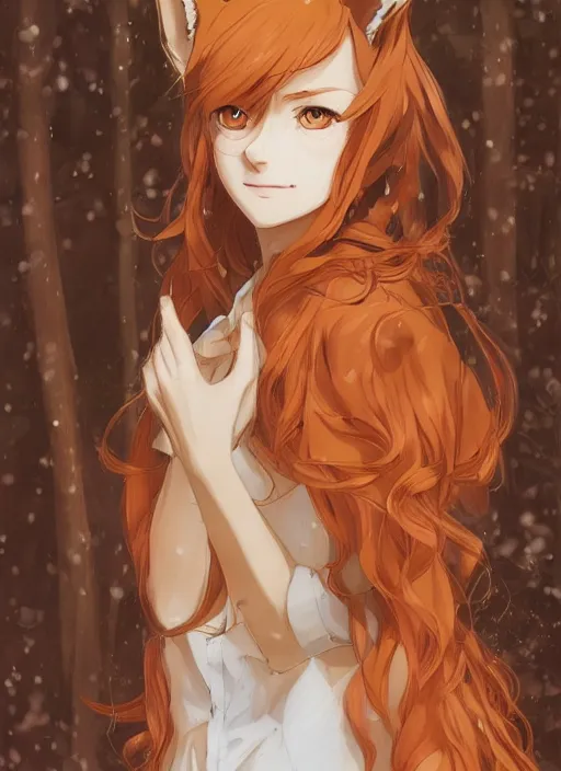 Image similar to girl with fox ears, tired eyes, long wavy orange hair, light brown trenchcoat, forest background, focus on face, pretty, moody lighting, painterly, illustration by shigenori soejima