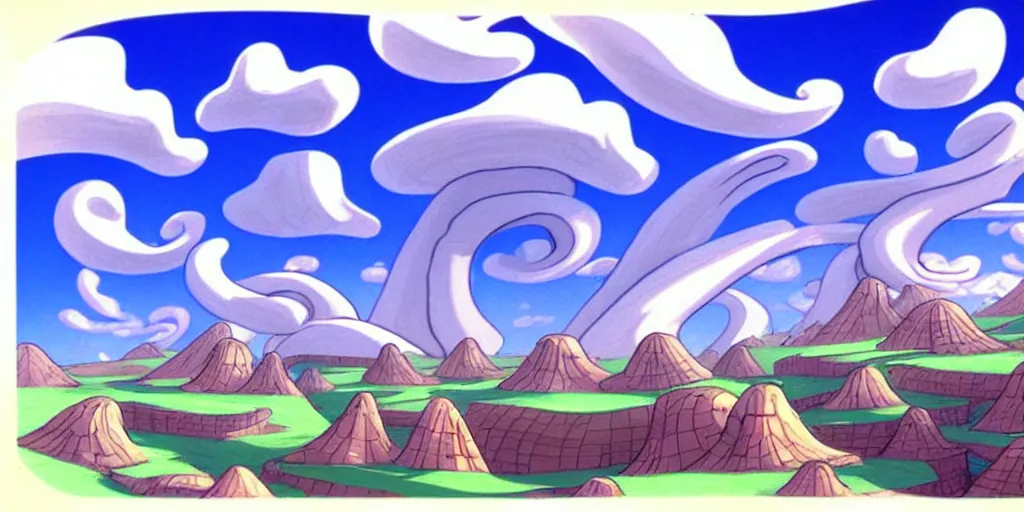 Prompt: cartoon concept art, blue sky spiral clouds, from sam and max