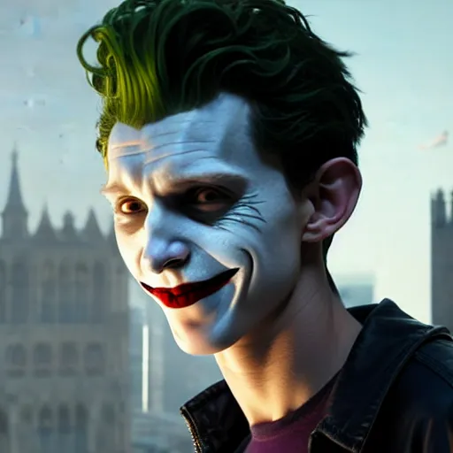 Image similar to selfie of tom holland as young joker, fine detailed face, long hair, stunning 3 d render inspired art by greg rutkowski and xiang duan and thomas eakes, realistic, highly detailed attributes and atmosphere, dim volumetric cinematic lighting, 8 k octane detailed render, post - processing, masterpiece,