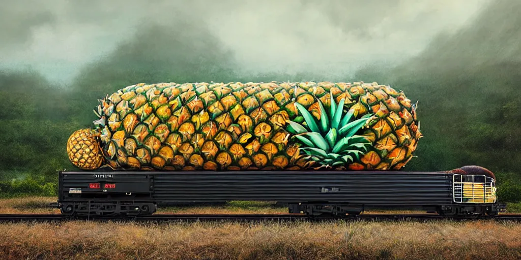 Prompt: a cargo train car carrying one giant pineapple by sandra chevrier, by jon foster, detailed render, epic composition, tracks, landscape, 4 k realistic, fender stratocaster, cryengine, realistic shaded lighting, sharp focus, masterpiece, by enki bilal