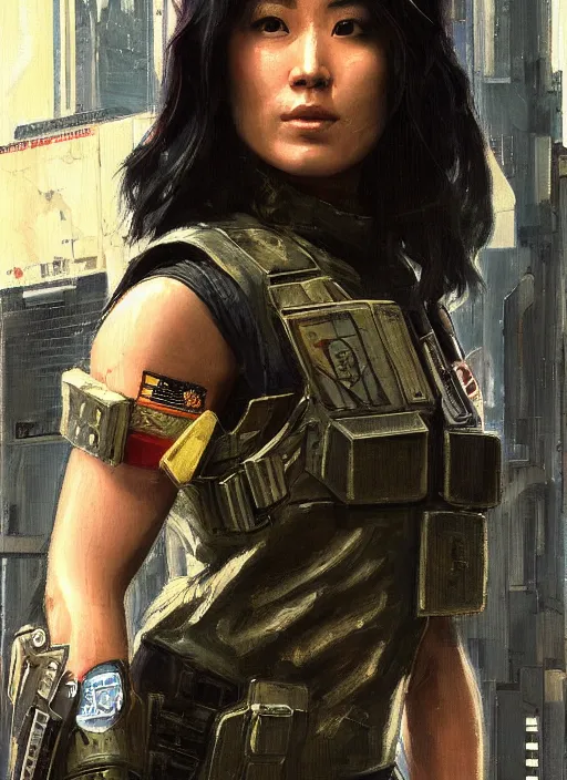 Prompt: Nikki tanaka. beautiful cyberpunk female USN marine wearing a military vest and combat gear. (Cyberpunk 2077, bladerunner 2049, rb6s). gorgeous face. Iranian orientalist portrait by john william waterhouse and Edwin Longsden Long and Theodore Ralli and Nasreddine Dinet, oil on canvas. Cinematic, hyper realism, realistic proportions, dramatic lighting, high detail 4k