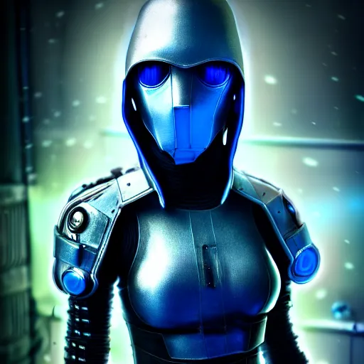 Image similar to An hyperrealistic portrait painting of a female cyberpunk armor warrrior, no face mask, blue and ice silver color armor, cyberpunk feel raining at tokyo midnight rooftop, unreal 5, DAZ, 8k, hyperrealistic, octane render, cosplay, RPG portrait, final fantasy artwork concept, dramatic lighting, rim lights, PS5 render quality