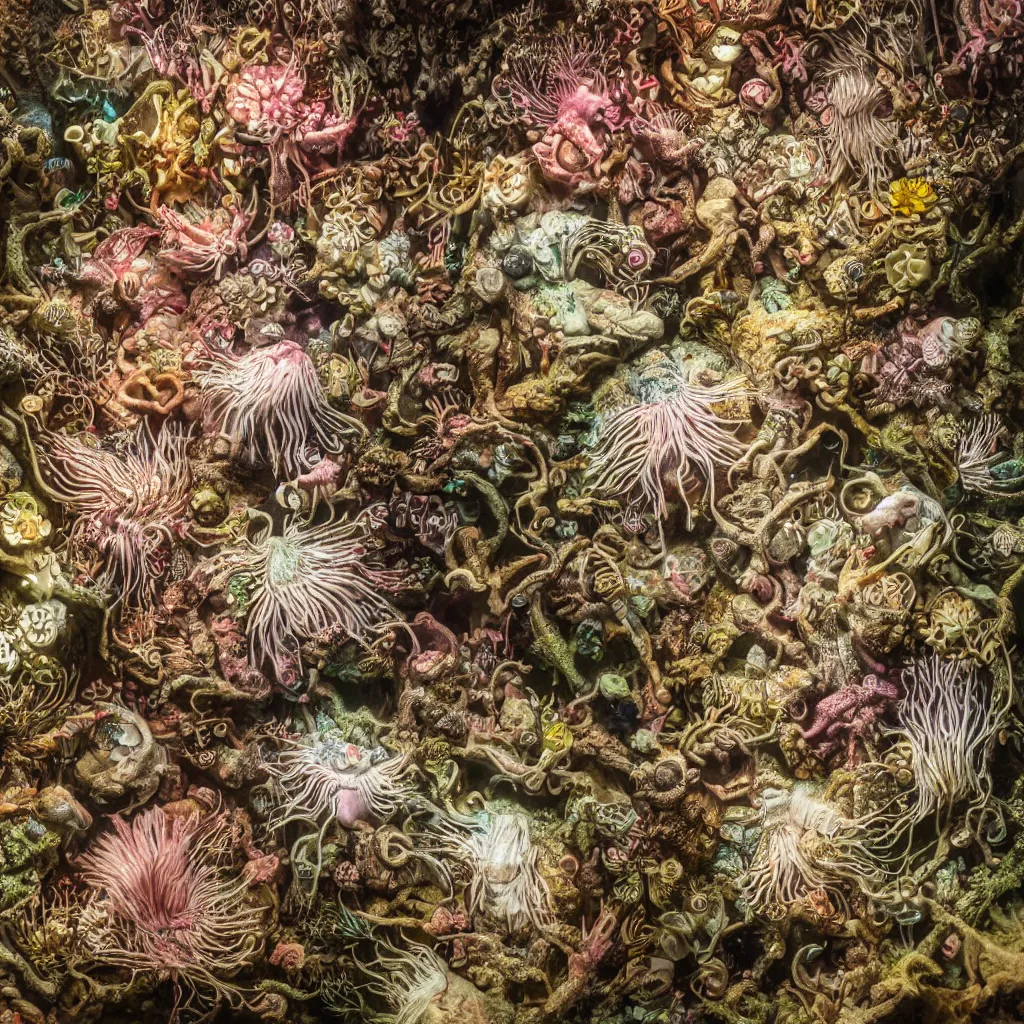 Prompt: close - up, macro photography, holofrenia, in the way to mictlan underworld, art installation made of axolotls and xoloitzcuintles, ernst haeckel, floria sigismondi, gregory crewdson