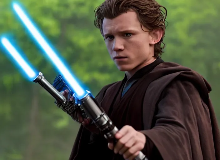 Image similar to tom holland plays anakin skywalker in the live action remake of star wars revenge of the sith, 3 5 mm photography, highly detailed, cinematic lighting, standing pose, holding lightsaber 4 k