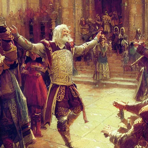 Prompt: an elated medieval chancellor, dancing a jig, character portrait by greg rutkowski, gaston bussiere, craig mullins