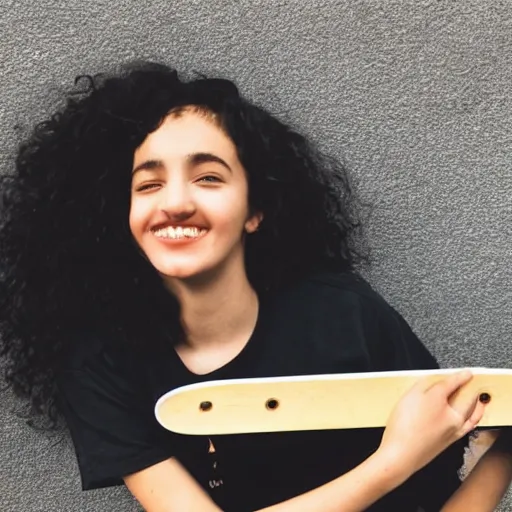 Image similar to a girl with curly black hair holding a skateboard, Backlighting