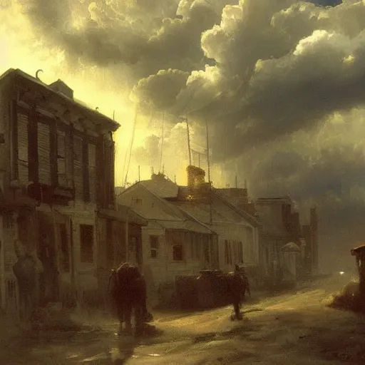 Image similar to oil painting of american old west town, harbour, dramatic storm clouds, dusty street, sunrays, dramatic, very very very beautiful art, cinematic lighting, romanticism by goya