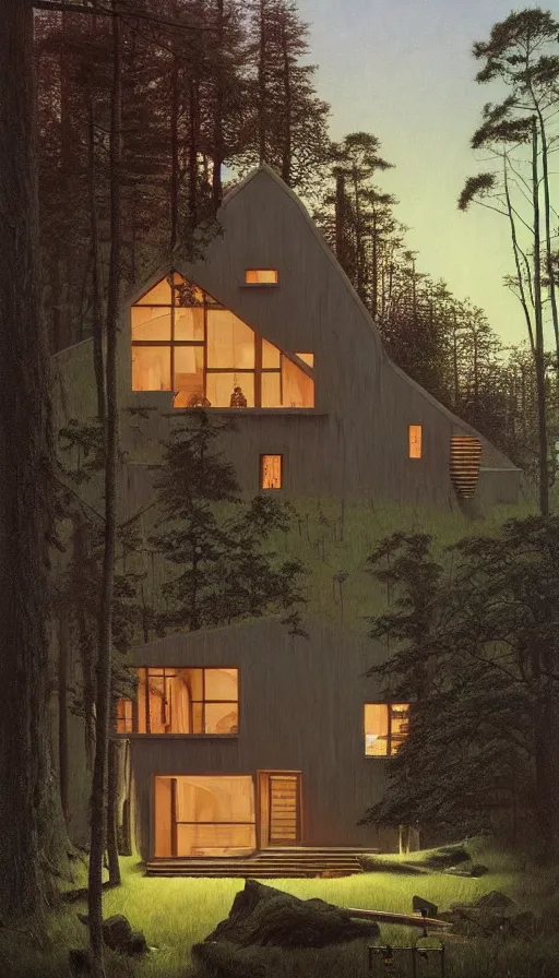 Image similar to cozy ultra modern home in the woods moody lighting, highly detailed, painting by zdzisław beksinski and norman rockwell and greg rutkowskiweta studio, and lucasfilm