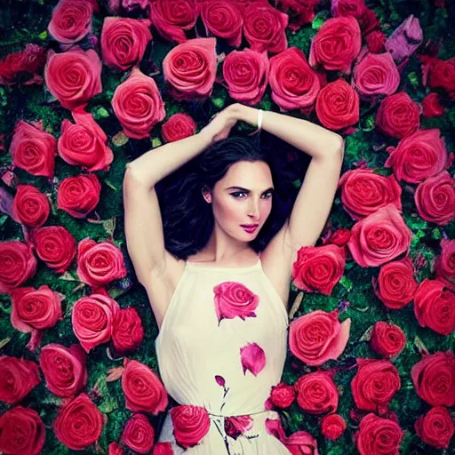 Prompt: full body fine art photo of the beauty gal gadot, she is merging from roses, taken by oleg oprisco