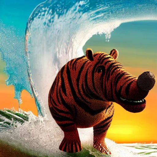 Image similar to a closeup photorealistic photograph of a cute smiling knitted tiger hippopotamus riding a wave at sunset. surf in background. professional capture. brightly lit scene. this 4 k hd image is trending on artstation, featured on behance, well - rendered, extra crisp, features intricate detail, epic composition and the style of unreal engine.