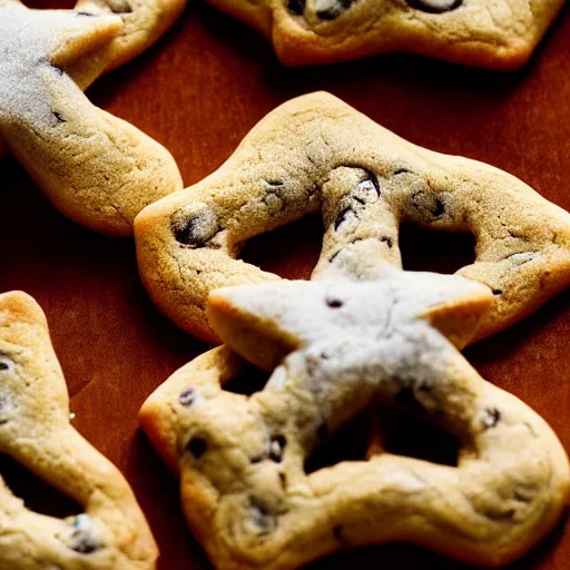 Image similar to close view of a 5 pointed star shaped chocolate chip cookie, warm dim light