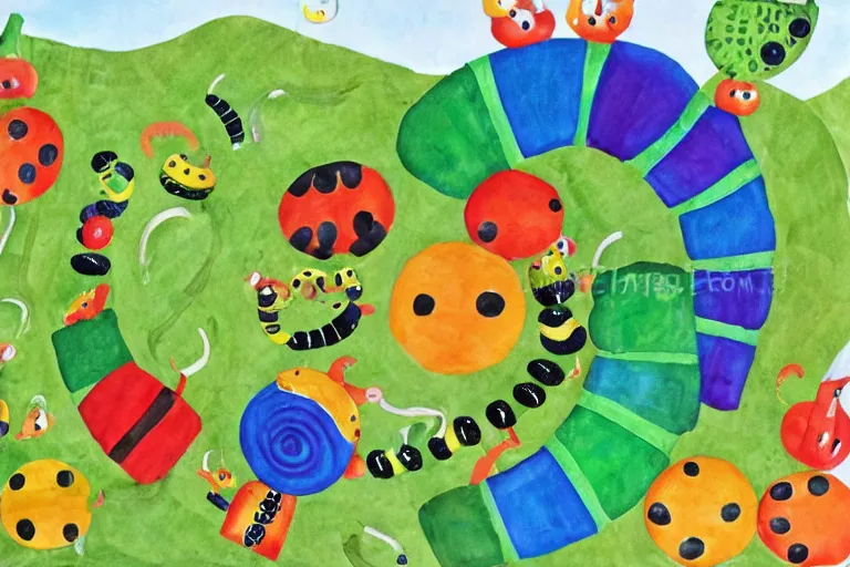 Prompt: A Very Hungry Caterpillar Hydraulic Excavator Eric Carle children's book illustration