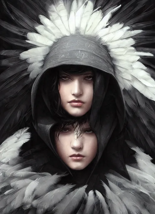 Image similar to a teenage girl with very short black hair and a huge cloak made of grey and black feathers. beautiful highly detailed face. beautiful painting by artgerm and greg rutkowski and raymond swanland