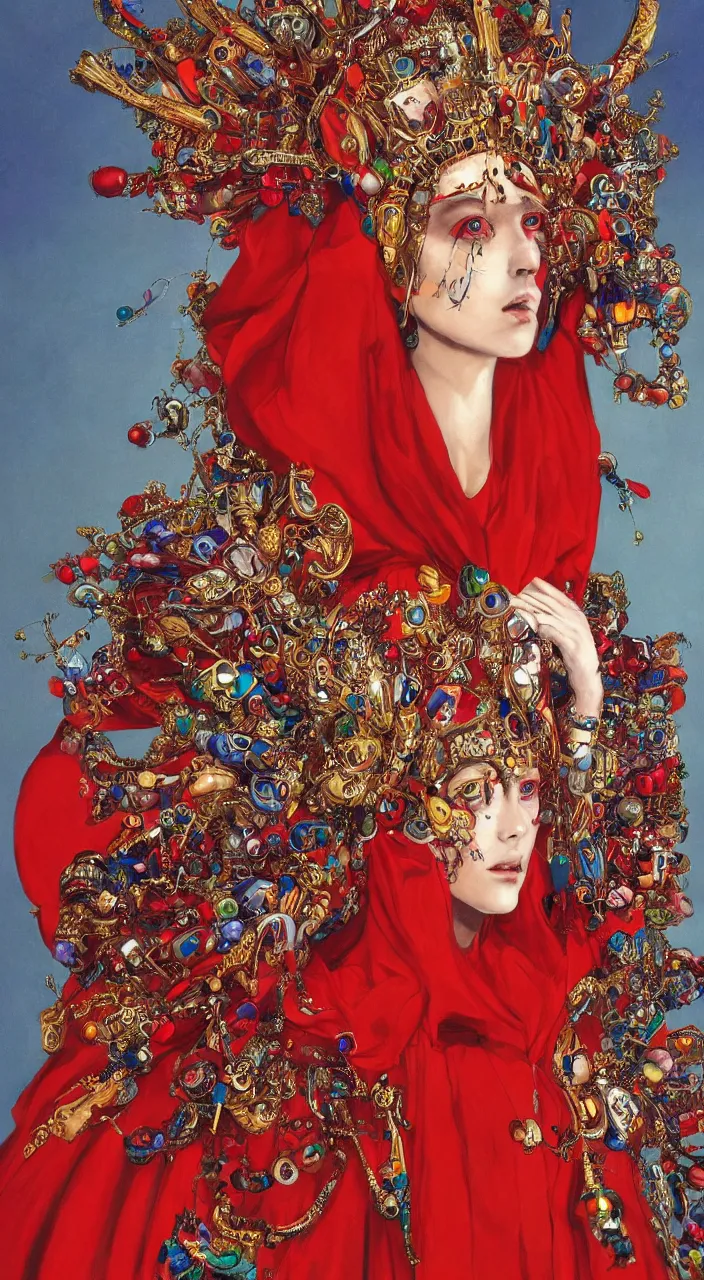 Image similar to a female character design wearing high fashion, beads hanging over her face like an alexander mcqueen headdress, costume by eiko ishioka, haute couture, dior, and a red cape by moebius, steven outram, colourful and psychedelic, hd, 8 k, artstation, high quality, ultra detailed