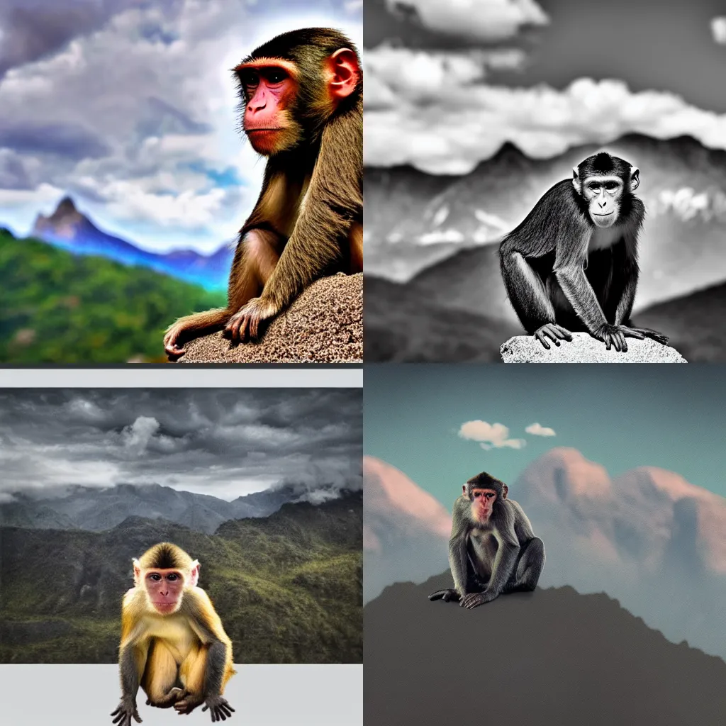 Prompt: a monkey looking through the lens of a camara, mountains in the backround with clouds, warm filter, photorealism