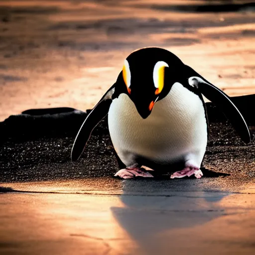 Prompt: Penguin finding the meaning of life, dramatic lighting, cinematic shot, dust, 4k