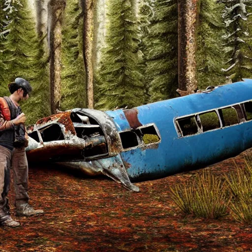 Image similar to Two Explorers Next To A Rusted Crashed Plane In A Forest, Photorealistic