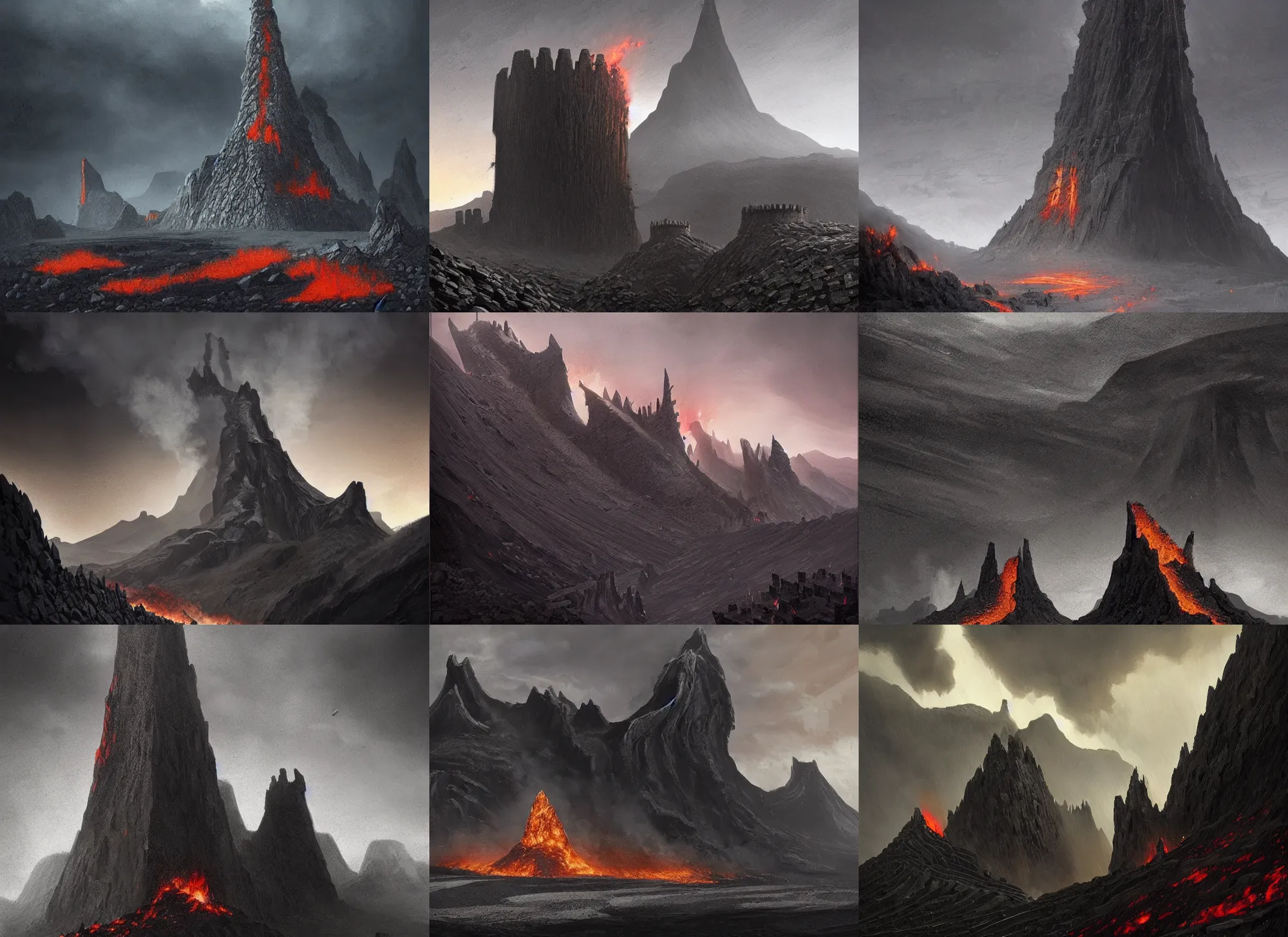 Prompt: Black steel tower fortress in a black sharp stone wasteland, black steel buildings, black smoke, black mountains, warforges, volcanos, lava, a fantasy digital painting by Greg Rutkowski and James Gurney, trending on Artstation, highly detailed