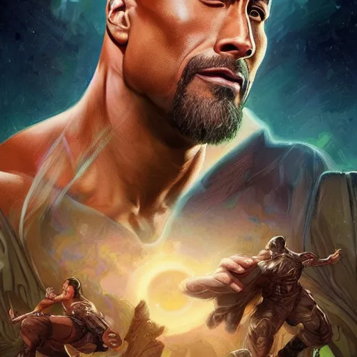 Image similar to Dwayne Johnson and Ryan Gosling Save the World, fantasy, intricate, elegant, highly detailed, digital painting, artstation, concept art, smooth, sharp focus, illustration, art by artgerm and greg rutkowski and alphonse mucha