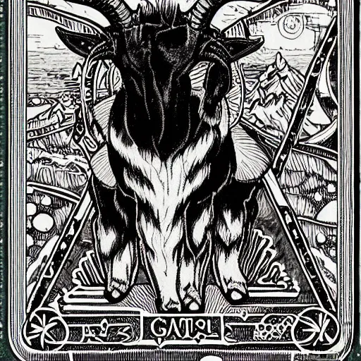 Prompt: detailed tarot card of a space goat, 1900s style, intricate, Artstation