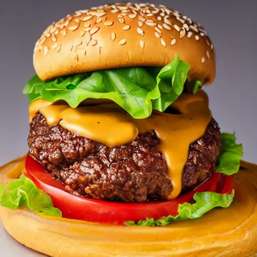 Image similar to hamburger with sauce running down bun, hyper realistic, award winning food photography