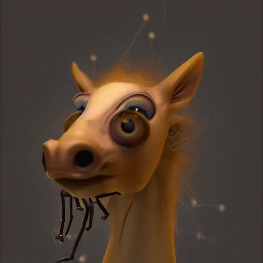 Image similar to tiny embryonic horse with spider legs and one large eye for a head, trending on artstation, scary, subsurface scattering, horse, spider