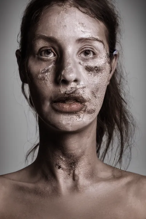 Image similar to a young women with a weathered face, fine - art photography, portrait, award - winning photo, 4 k, 8 k, studio lighting, nikon d 6, 3 5 mm