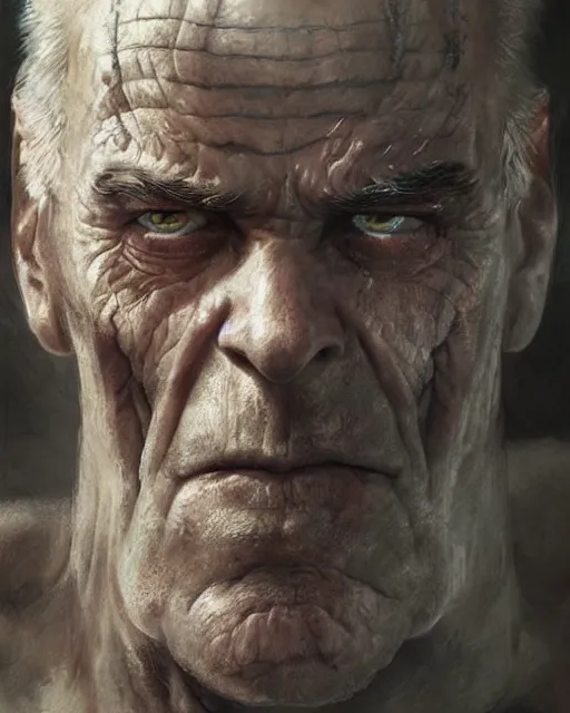 Image similar to old shaved man with a big scar on his blind left eye, elegant, hard edges, wrath, muscles, ethereal, science fiction, supervilain, fantasy art by greg rutkowski and magali villeneuve and claude monet