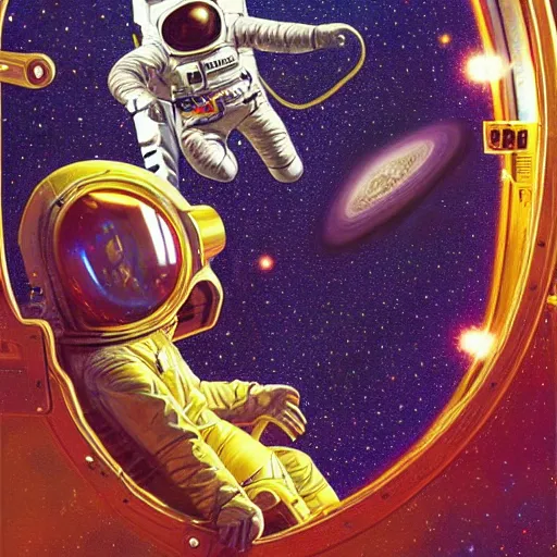 Image similar to astronaut sitting on the golden chair in galaxy, digital painting by dean cornwall, rhads, john berkey, tom whalen, alex grey, alphonse mucha, donoto giancola,