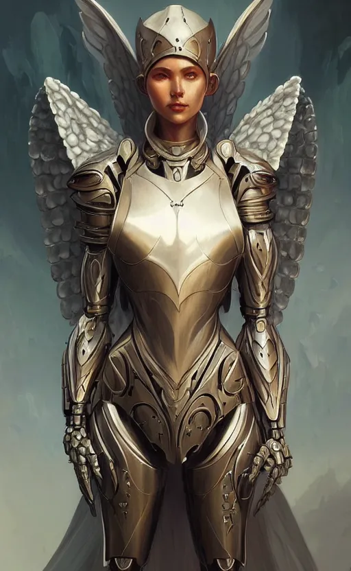 Image similar to Fantasy Concept character art of a angel female in biomechanical knight armor, sci-fi, highly detailed, digital painting, artstation, concept art, smooth, sharp focus, illustration, art by artgerm and greg rutkowski and alphonse mucha