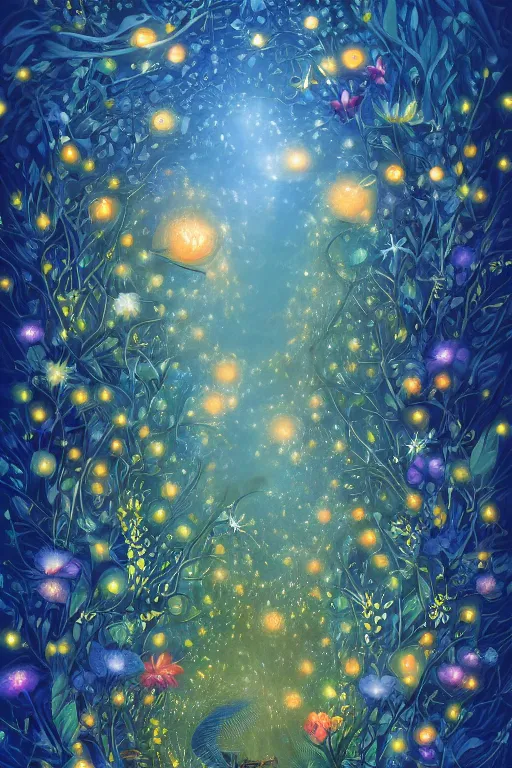 Prompt: beautiful digital matter cinematic painting of whimsical botanical illustration blue flowers moon fireflies tenchanted dark background, whimsical scene by alex grey artstation