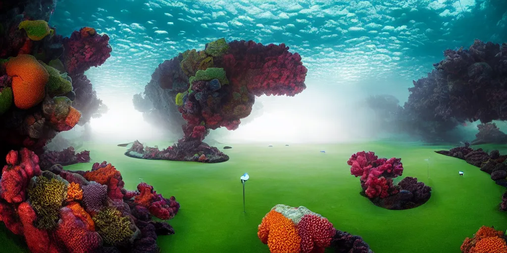 Image similar to a great photograph of the most amazing golf hole in the world, perfect light, under water, colorful coral reef, ambient light, 5 0 mm, golf digest, top 1 0 0, fog