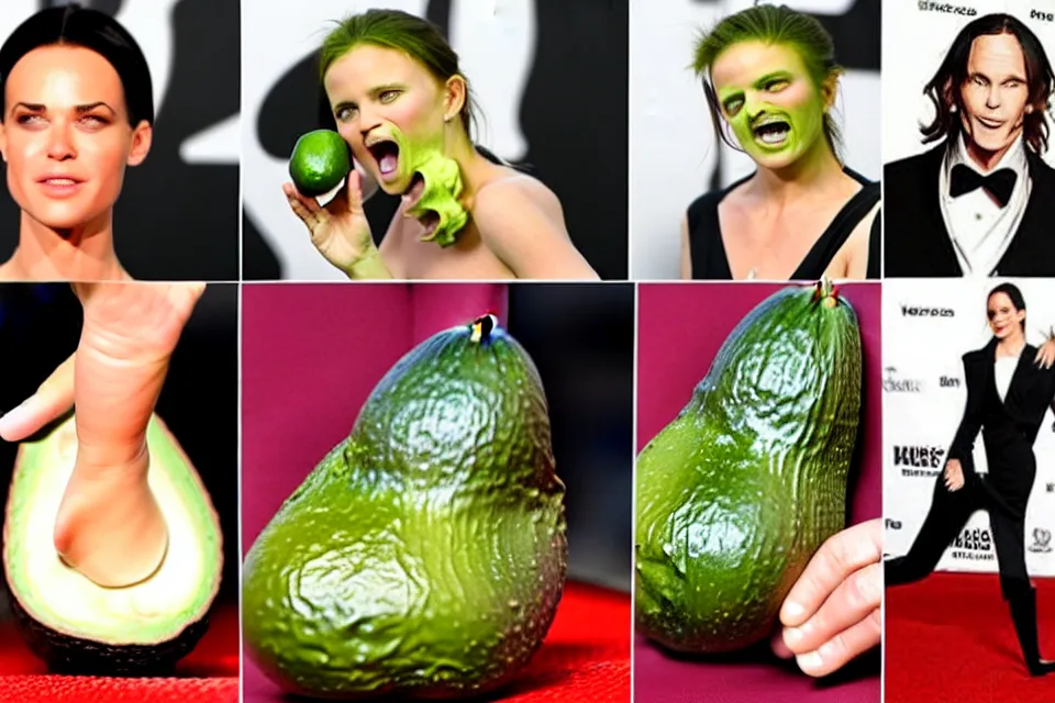 Prompt: bizarre celebrities on the red carpet rolling around in avocados