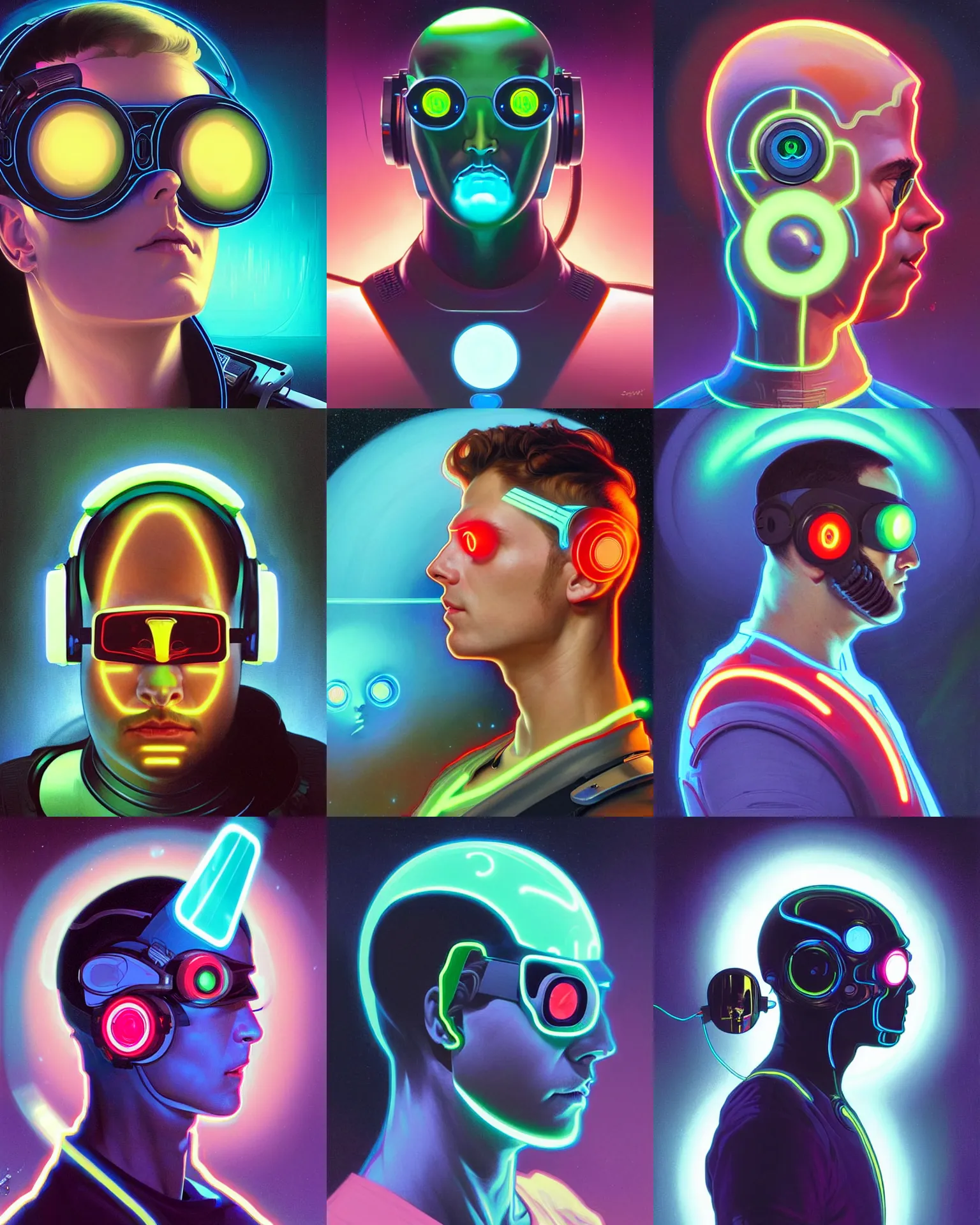 Prompt: sillouete side view future coder man, sleek cyclops display over eyes and glowing headset, neon accents, holographic colors, desaturated headshot portrait digital painting by rhads, alphonse mucha, donato giancola, john berkey, dean cornwall, alex grey, tom whalen, astronaut cyberpunk electric lights profile