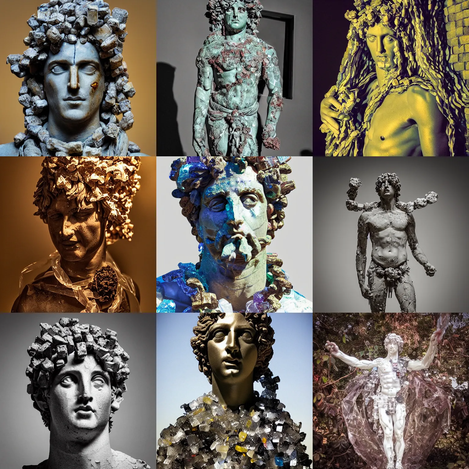 Prompt: “Dionysus statue made of pieces of glass and plastic bags, detailed but rough, 4k photo, great light and shadows, Sony 17mm”