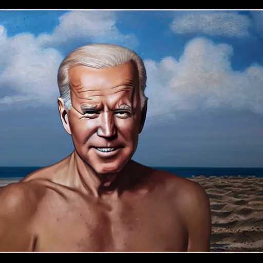 Image similar to hyperrealistic mixed media high resolution painting of a Joe Biden posing on a beach wearing a bikini, body of old man, stunning 3d render inspired art by István Sándorfi and Greg Rutkowski and Unreal Engine, perfect symmetry, dim volumetric lighting, 8k octane beautifully detailed render, post-processing, extremely hyper-detailed, intricate, epic composition, highly detailed attributes, highly detailed atmosphere, cinematic lighting, masterpiece, trending on artstation, very very detailed, masterpiece, stunning, flawless structure, lifelike texture, perfection,