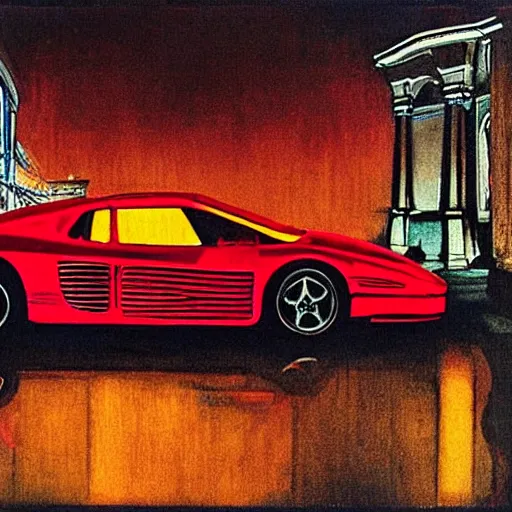 Prompt: a red ferrari testarossa at dark night in front of gothic architecture, pink neon lights by nc wyeth and daniel mumford