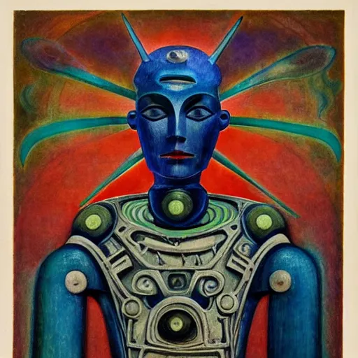 Prompt: portrait of a robot shaman, by annie swynnerton and and rufino tamayo and jean delville and edward hopper and evelyn de morgan, art deco shaman, stylized flowers, art brut, outsider art, symbolist, dramatic lighting, god rays, elaborate geometric ornament, clean crisp graphics, smooth sharp focus, extremely detailed, adolf wolfli