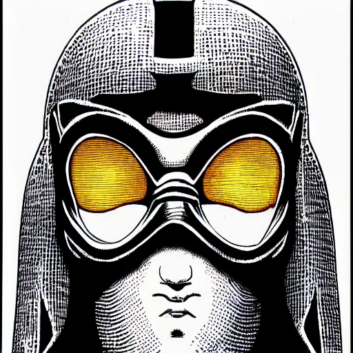 Prompt: close up portrait of the masked cyber archangel, intricate, highly detailed, masterful, in the style of moebius, akira toriyama, jean giraud