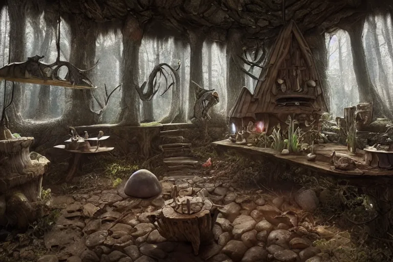 Prompt: Interior of a witches hut, 3d scene, render, ultra realistic, zenith view, Greg Rutkowski, artstation, cgsociety, level design, unreal engine mushroom goblin sweeps floor, cauldron boils over, 3d scene, render, ultra realistic, zenith view, Enki Bilal style