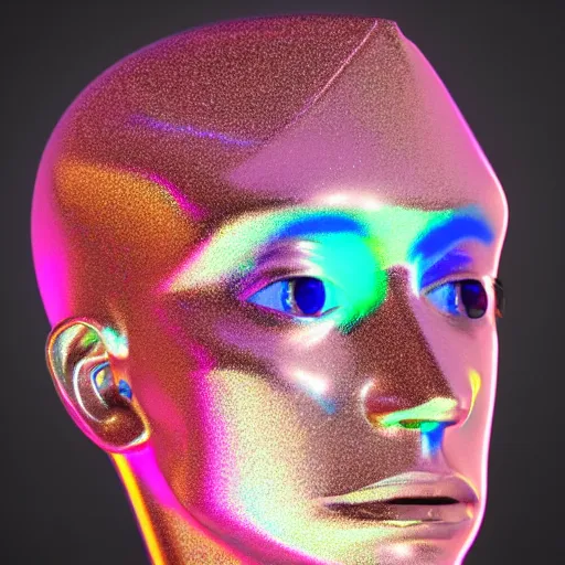 Image similar to 3d render of holographic human robotic head made of glossy iridescent, surrealistic 3d illustration of a human face non-binary, non binary model, 3d model human, cryengine, made of holographic texture, holographic material, holographic rainbow, concept of cyborg and artificial intelligence