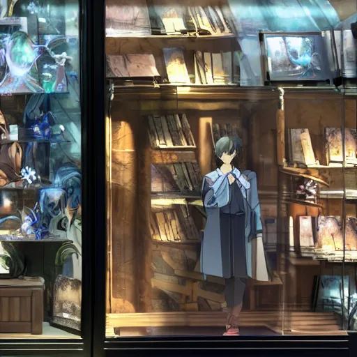 Image similar to fantasy store window makoto shinkai