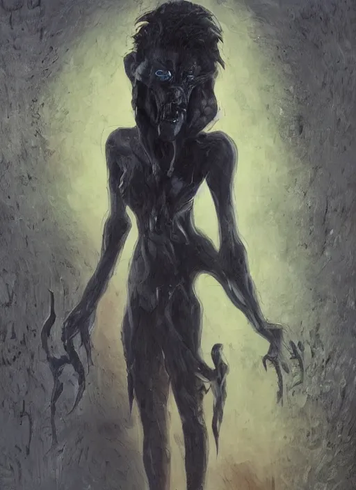 Image similar to dark portrait painting of tracer from overwatch, in style of zdzisław beksinski, scary, horror, 4 k, feminine facial features, overwatch tracer character, horror, body horror, disturbing, detailed face, dressed in dark garment, black tendrils, tall,