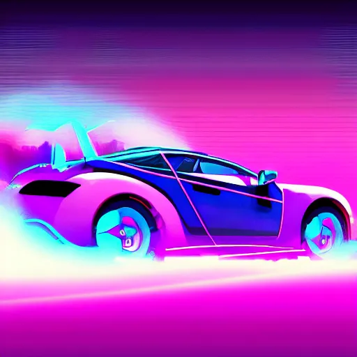 Prompt: synthwave poster of sports car in bland plains, with blue fog, purple fog, pink fog in the background and laser neon trims