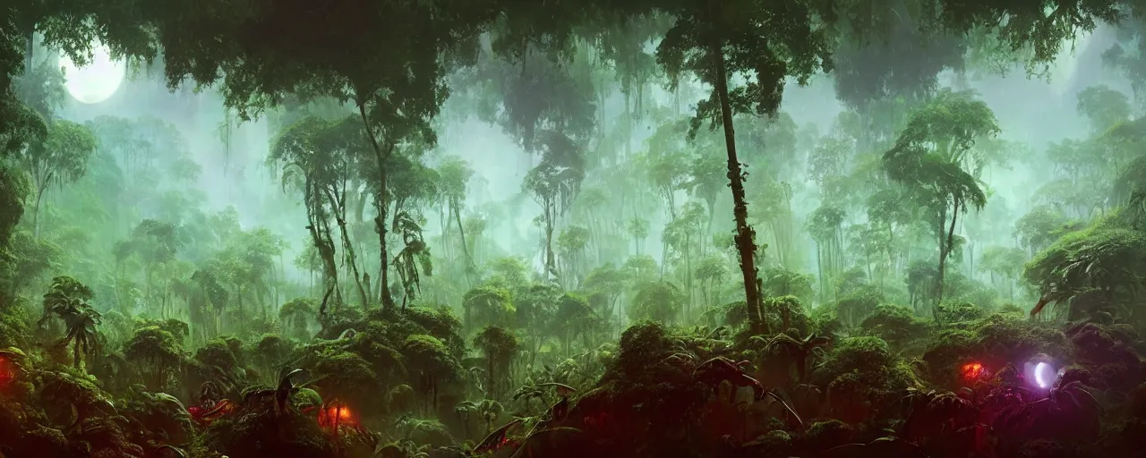 Image similar to ” outer planet with misty jungle, [ moist, wet, lush, cinematic, detailed, epic, widescreen, opening, establishing, mattepainting, photorealistic, realistic textures, octane render, art by paul lehr ] ”