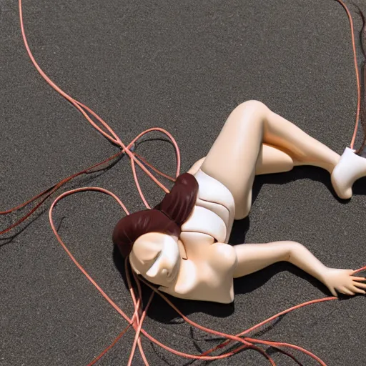 Prompt: a bunch of data cables in the shape of a beautiful woman, laying on the ground, realistic sculpture,